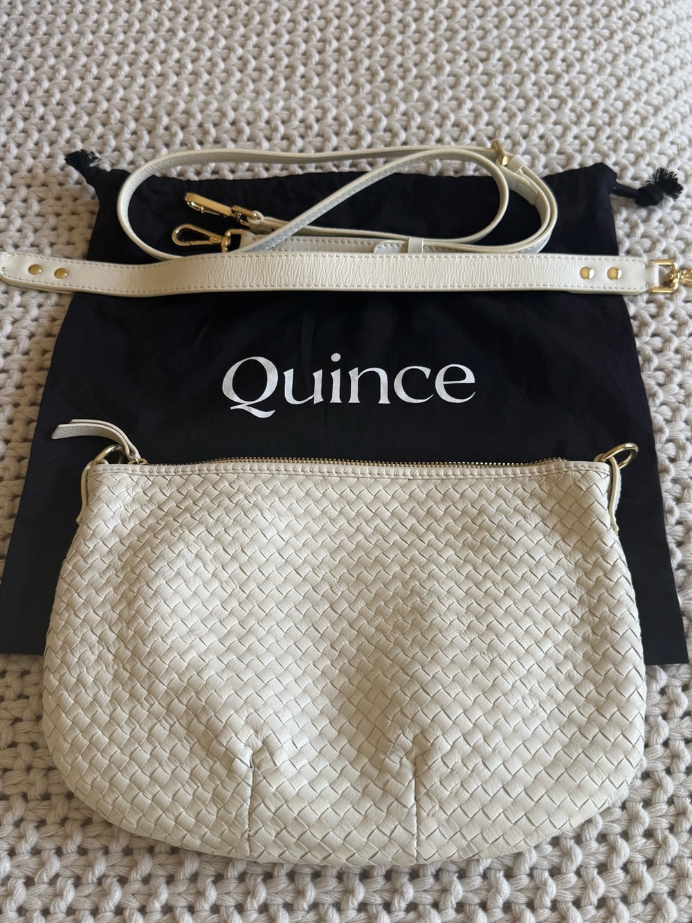 Quince Sloan Mini Cream Woven Leather Crossbody with Gold Hardware